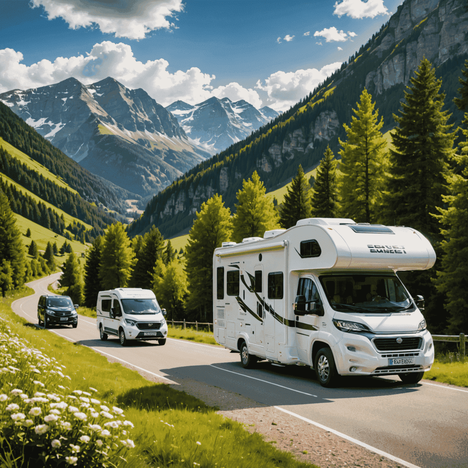 A family enjoying their motorhome journey through picturesque European landscapes, showcasing modern RV features and popular destinations