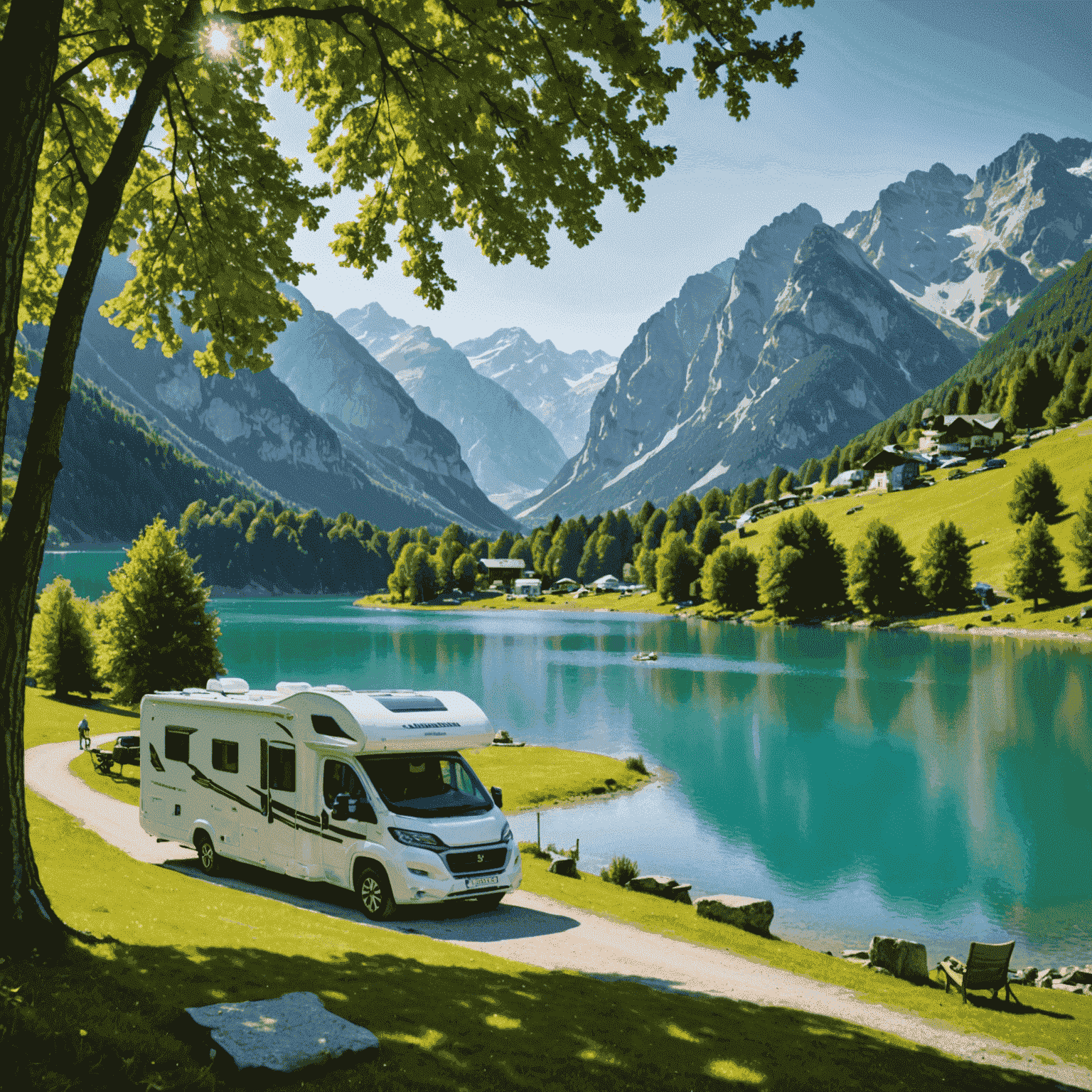 Scenic view of a family-friendly campsite in Austria with motorhomes parked near a beautiful lake surrounded by mountains