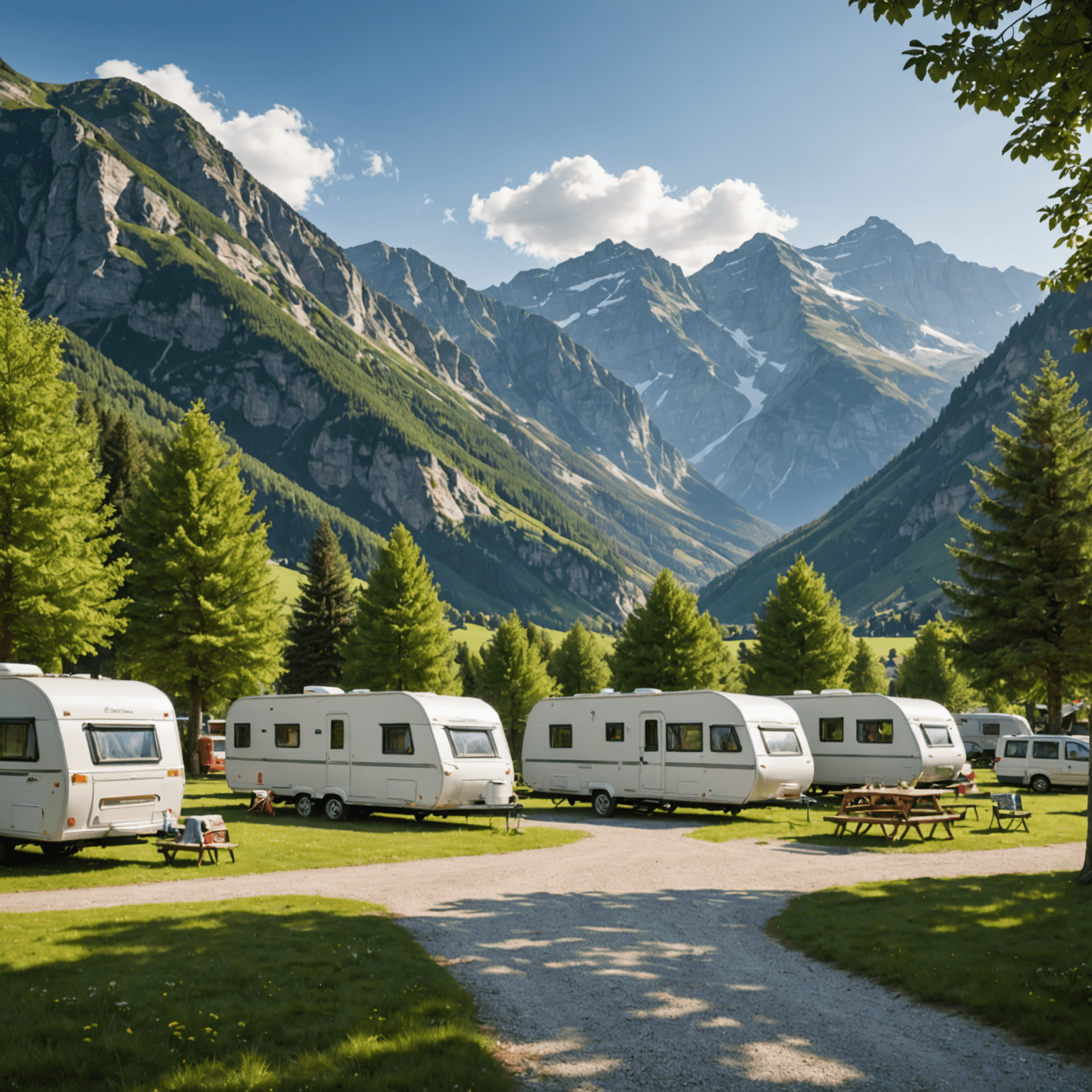 A scenic view of caravans parked in a beautiful European campsite with mountains in the background