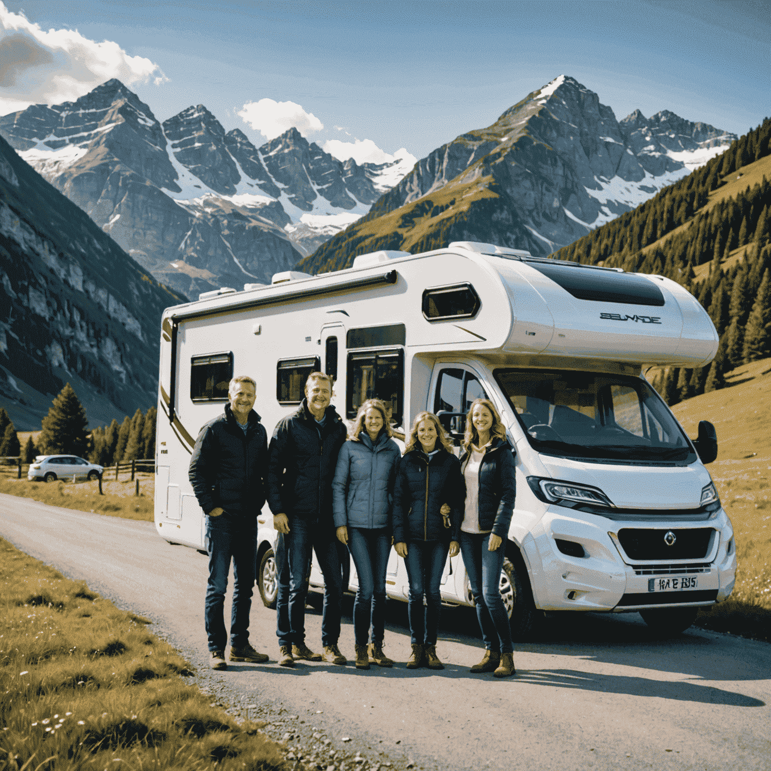 A family standing in front of a modern motorhome, smiling and ready for their European adventure. The motorhome is parked in a scenic location with mountains in the background.