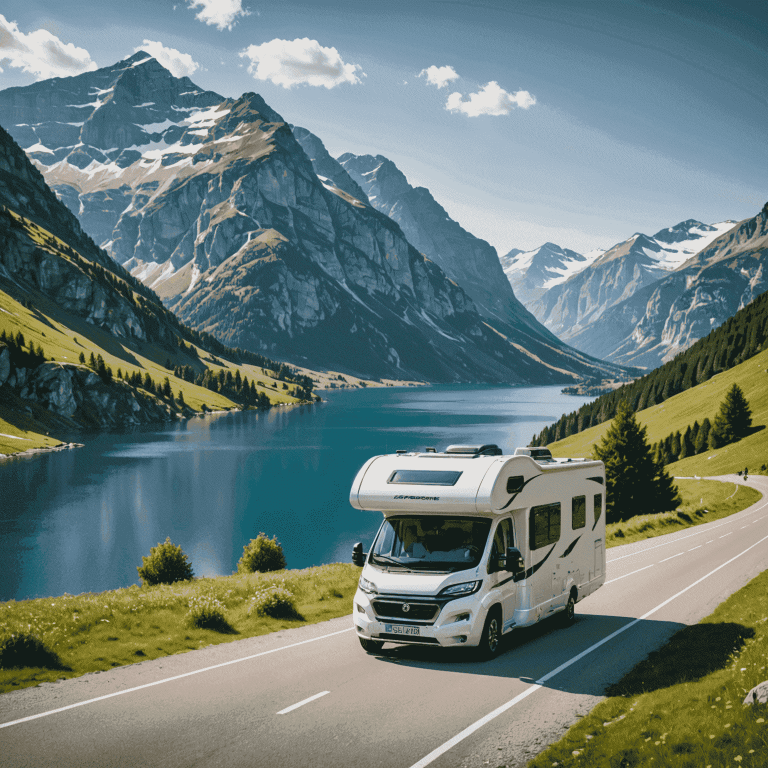 A modern motorhome driving through a scenic European landscape with mountains and lakes, showcasing the latest travel trends for families.