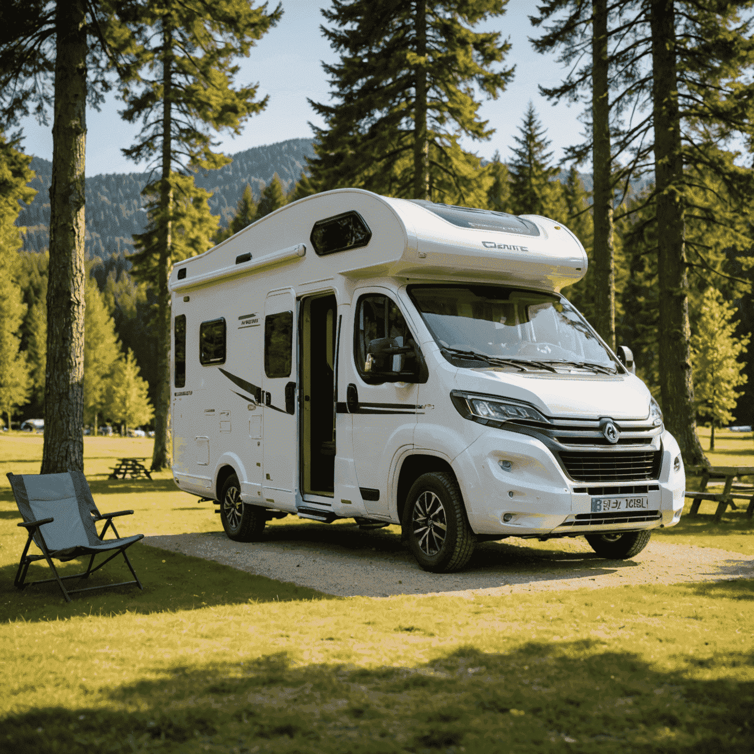 A compact motorhome suitable for small families, parked in a beautiful Austrian campsite