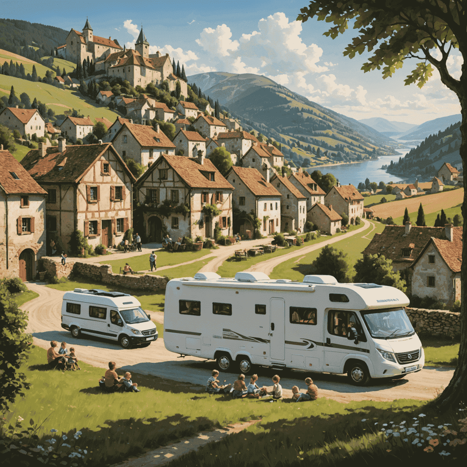 A family with their motorhome parked near a picturesque European village. Children are playing in a nearby field while parents admire the view of ancient architecture and rolling hills.