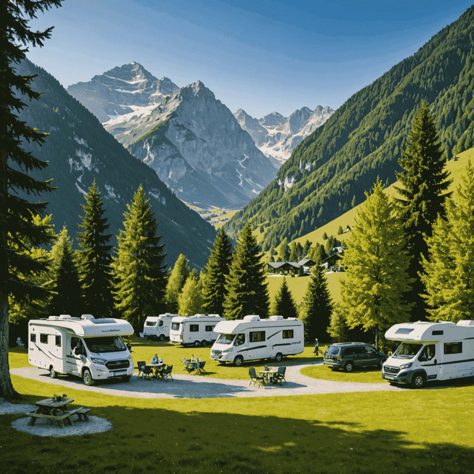 A picturesque Austrian campsite nestled in the Alps, with motorhomes parked and families enjoying outdoor activities.