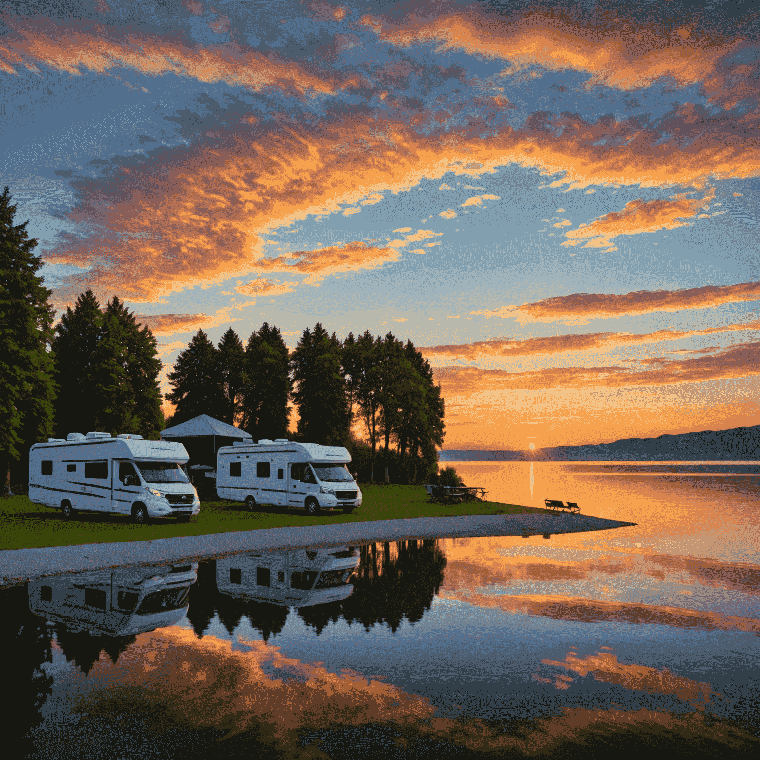 Sunset view of Camping Bregenz with motorhomes parked along the shores of Lake Constance, colorful sky reflected in the calm waters