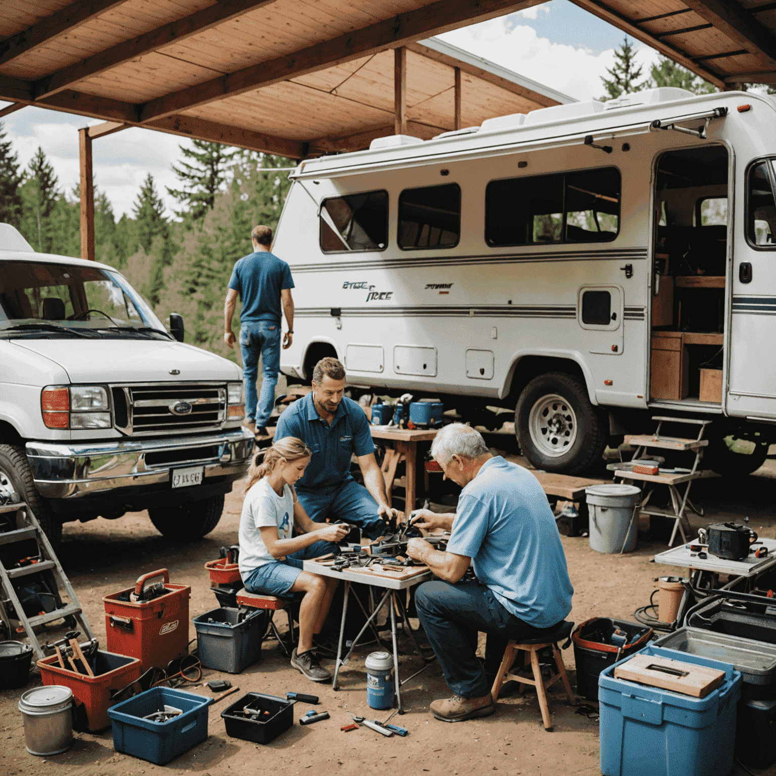 A mechanic working on a motorhome while a family watches nearby. The image shows various tools and equipment, emphasizing the professional support available during trips.