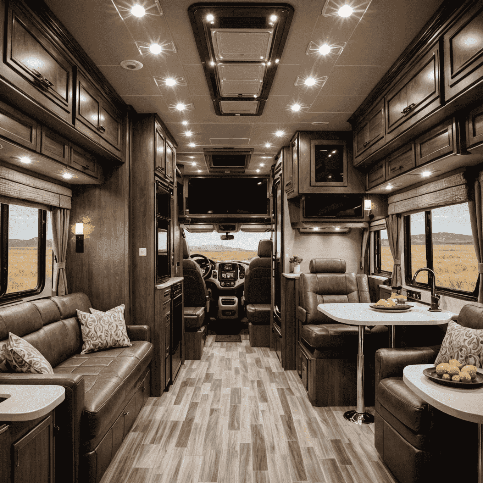 A luxurious motorhome with high-end finishes, spacious living area, and modern technology features