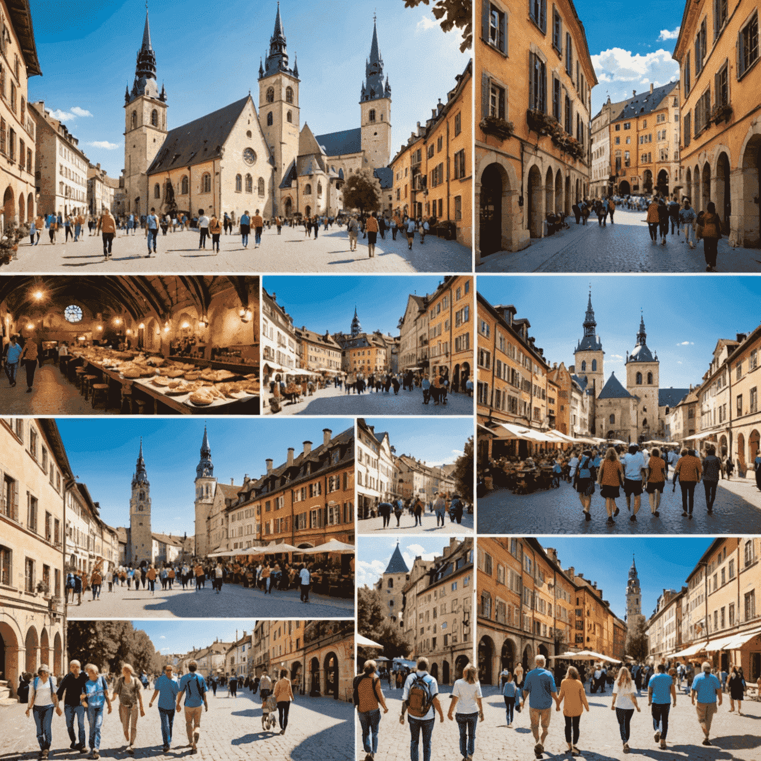 A collage of family-friendly activities across Europe, including hiking, visiting museums, enjoying local cuisine, and participating in cultural events. The image showcases the diversity of experiences available.